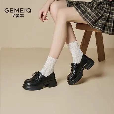 戈美其真皮乐福鞋女款2025春季新款厚底百搭系带jk单鞋小皮鞋女商品大图