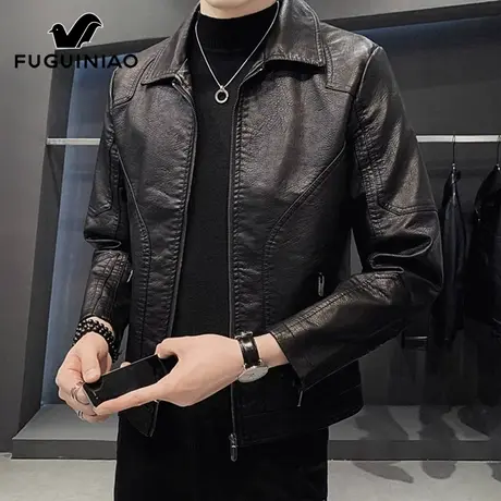 富贵鸟翻领皮衣男士黑色机车服2025年春季新款休闲皮夹克外套男装商品大图