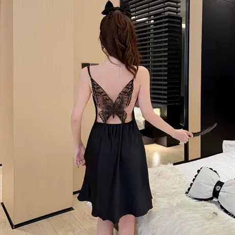 浪莎睡衣女夏韩版冰丝性感火辣露背蝴蝶蕾丝睡裙春仿真丝吊带薄款商品大图