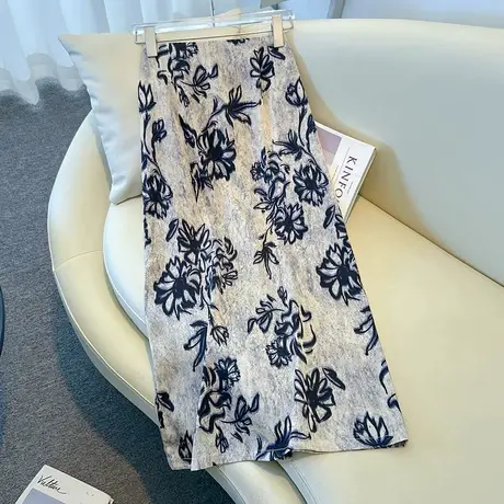 拉夏贝尔醋酸碎花半身裙女夏2025新款印花包臀裙绝美a字裙直筒裙商品大图