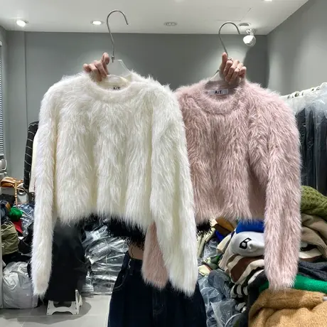 韩国秋冬新款短款时髦洋气圆领套头水貂毛加厚上衣小众毛毛衣外套图片