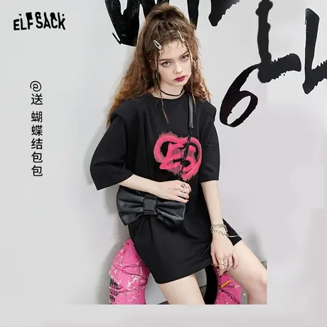 【送包包】妖精的口袋垫肩黑色t恤连衣裙女2023夏新款宽松设计感商品大图
