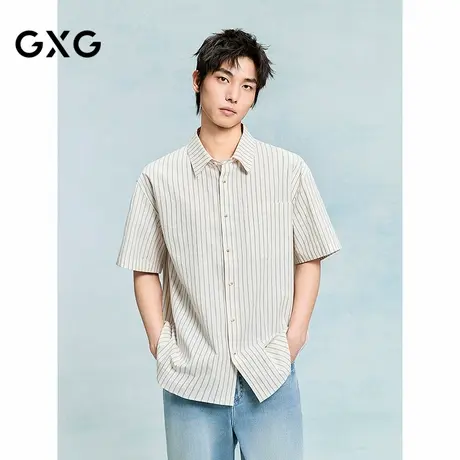GXG男装 米白细条纹短袖衬衫通勤简约男衬衣薄外套 25年夏季新品商品大图