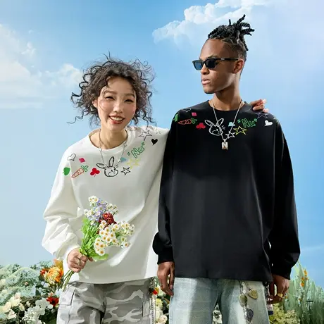 Nuthink美式潮牌童趣卡通涂鸦字母印花长袖T恤情侣男女2025秋新款商品大图