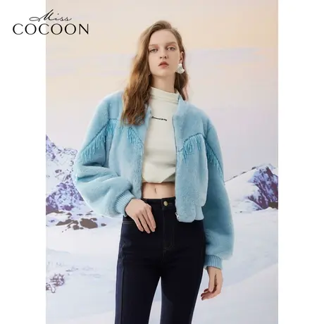 missCOCOON老钱风长袖外套2023冬装新款女宽松流苏罗纹包边皮草商品大图