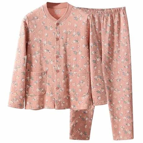 中老年人女士纯棉开衫秋衣秋裤套装妈妈开襟家居服针织大码棉毛衫商品大图