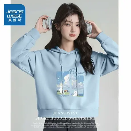 KMV真维斯蓝色连帽卫衣女2025新款春秋季宽松小个子短款外套上衣商品大图
