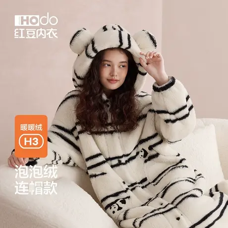 红豆女泡泡绒睡袍可爱连帽防静电条纹外穿家居服珊瑚绒浴袍冬长款商品大图