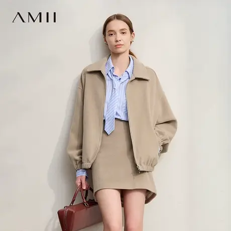 Amii2025冬极简宽松无弹中长翻领拉链落肩袖绵羊毛立绒毛呢外套女商品大图