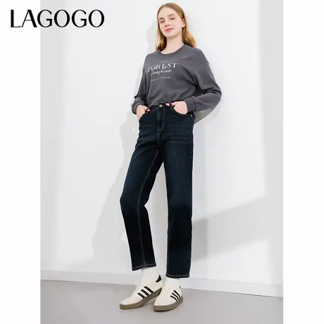 LAGOGO深蓝色水洗直筒弹力牛仔裤女拉谷谷春季新款高腰复古裤子商品大图