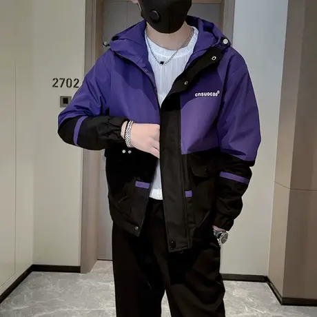 冲锋衣外套秋季2023新款重磅骑行服机车拼色连帽防风工装夹克男生商品大图