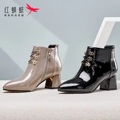 红蜻蜓女士皮鞋短靴时装靴冬季中帮粗跟新款靴子高跟短筒皮靴图片