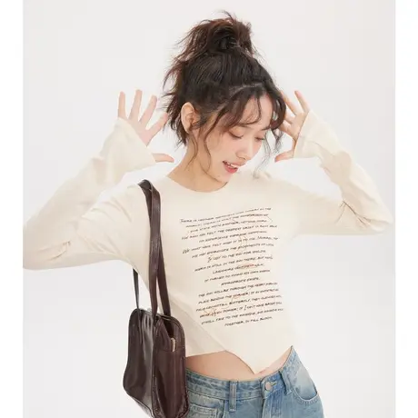 尔给2023早春新款正肩t恤美式chic甜辣风设计感不规则短款上衣女商品大图