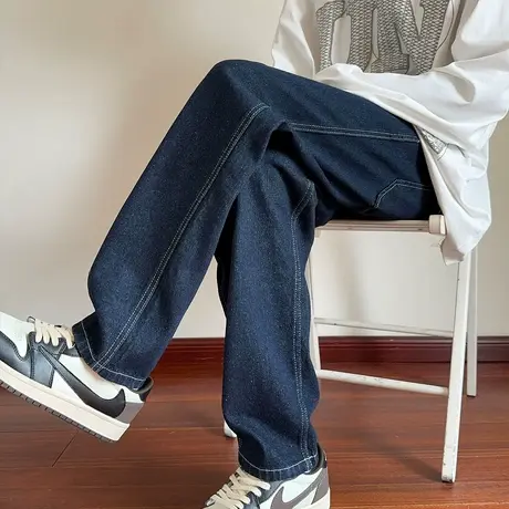 唐狮秋冬新款牛仔裤男设计感宽松复古潮流直筒阔腿美式长裤TE图片