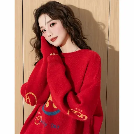 唐狮冬季女圆领毛线衫白色毛衣加厚文字针织宽松保暖新年战袍TD商品大图