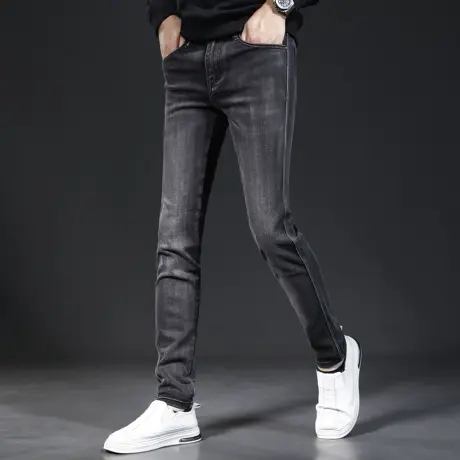 2023秋季新款牛仔裤男款修身小脚裤黑灰色韩版弹力百搭男装裤子厚商品大图