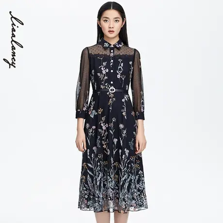 LANCY/悦朗姿连衣裙子女士通勤时尚中长款衬衫领镂空裙子商场同款商品大图