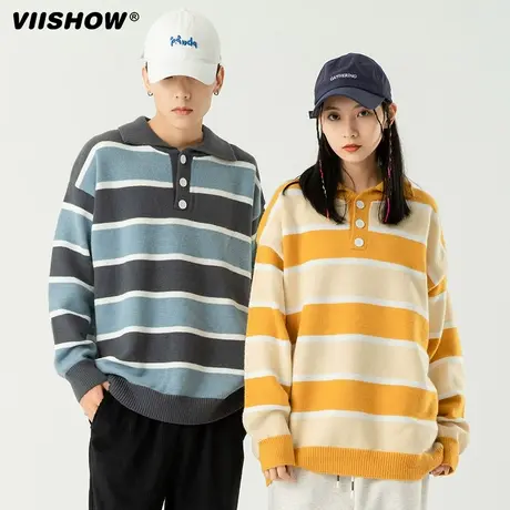VIISHOW复古撞色polo领条纹毛衣男生款秋冬套头宽松毛针织衫上衣商品大图