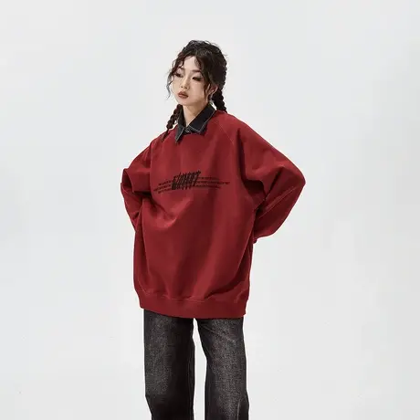 复古套头圆领卫衣女秋冬2023新款无帽加绒美式潮宽松oversize上衣商品大图