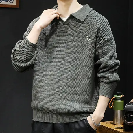 翻领毛衣男冬季2023新款慵懒针织潮牌美式宽松大码男士外套秋冬款商品大图