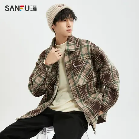 三福2023冬男士复古格子渐染长棉衣 保暖宽松翻领外套男477081图片