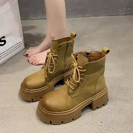 马丁靴女厚底增高短靴子2023新款春秋单靴小个子大黄蜂中筒机车靴图片