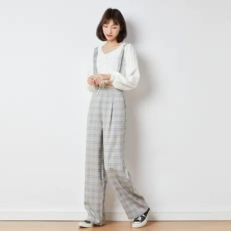 唐狮春夏新款女休闲裤百搭高腰背带连体裤显瘦裤子女宽松直筒图片