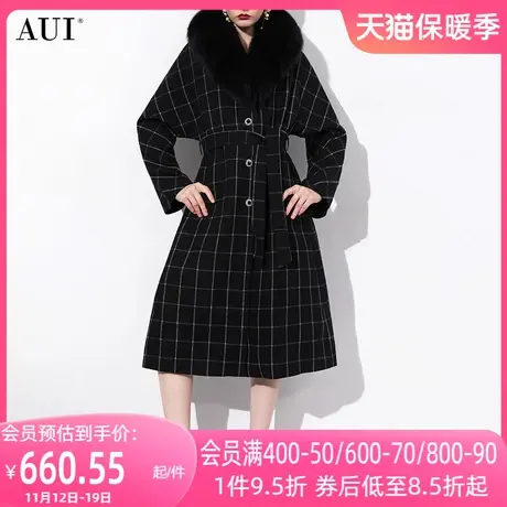 AUI黑色狐狸毛领毛呢外套女2023冬新款高端中长款修身呢子大衣厚商品大图