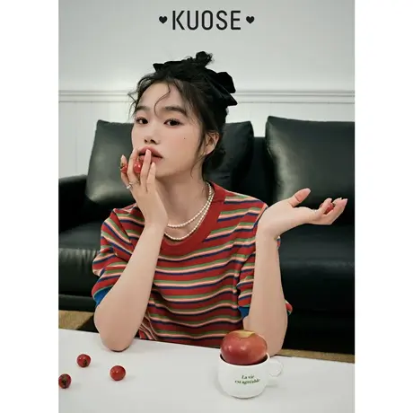 阔色短款设计感小众条纹冰丝针织衫女2023春夏复古短袖t恤上衣红商品大图