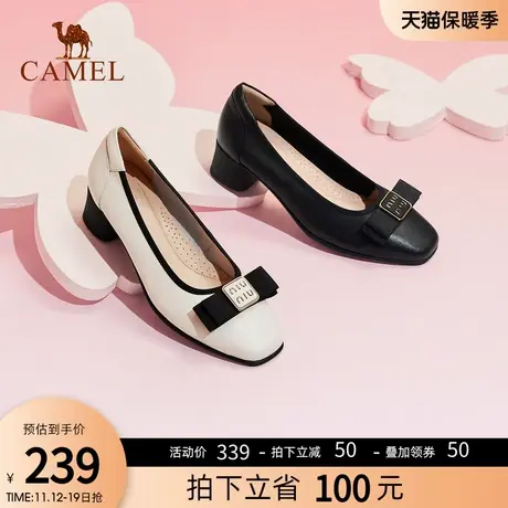 骆驼女鞋2023春夏季新款方头粗跟玛丽珍鞋小皮鞋蝴蝶结浅口单鞋女图片