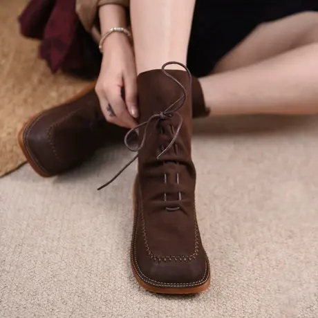 Artmu阿木原创复古方头短靴女春秋单靴2023新款平底倒靴堆堆靴图片