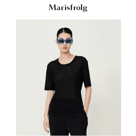 【抗皱易打理】玛丝菲尔夏季新款黑色简约收腰显瘦短袖T恤女商品大图