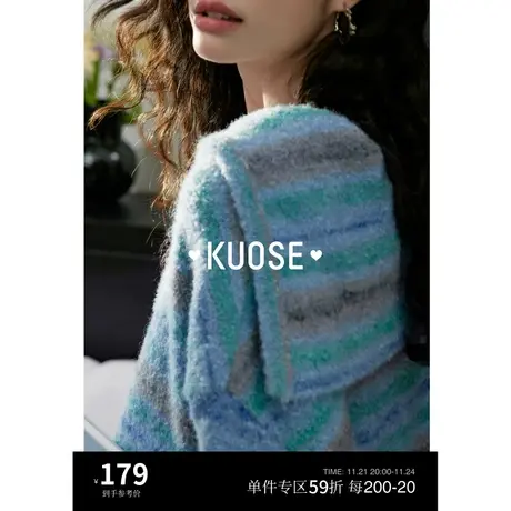 阔色蓝色翻领花纱毛衣女2023新款秋冬季设计感气质慵懒风针织衫商品大图