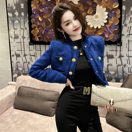 洋气炸街粗花呢短款小香风外套2025新款时尚显瘦单排扣长袖上衣女图片