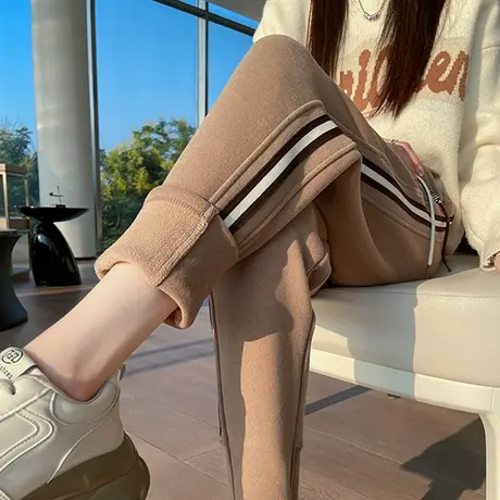 束脚运动哈伦裤女冬季2023新款高腰显瘦防风加绒条纹宽松直筒卫裤图片