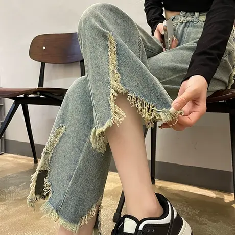 毛边破洞牛仔裤女春秋新款宽松高腰小个子设计感流苏九分阔腿裤子商品大图