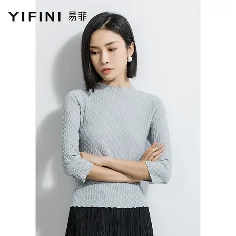 Yifini/易菲易菲短款七分袖圆领针织衫女2023夏季新款薄款小衫商品大图