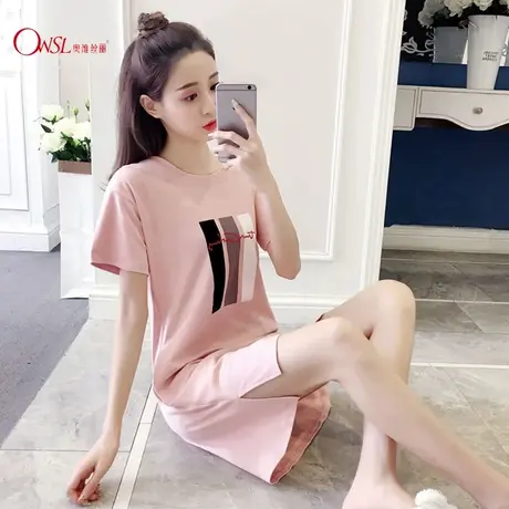睡裙女夏季棉薄款短袖睡衣简约时尚甜美清新女士可外穿商品大图