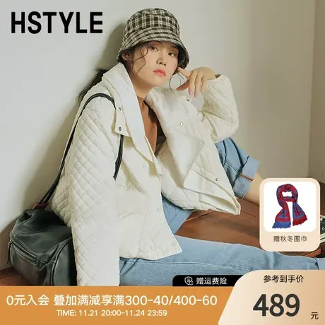 韩都衣舍2023冬装外套时尚轻薄假两件羽绒服女短款菱格上衣商品大图