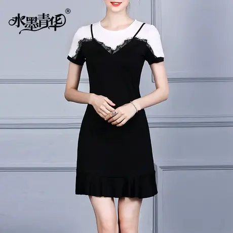 【1件7.9折】夏装新品短袖女装假两件连身裙修身显瘦小黑裙连衣裙图片