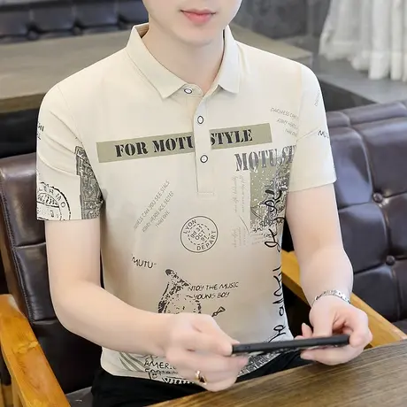 2024夏季新款印花个性翻领短袖Polo衫男T恤潮流休闲半袖打底衫ins商品大图