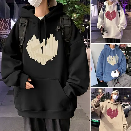 潮牌重磅爱心连帽卫衣男春秋季加绒oversize情侣外套美式休闲宽松图片