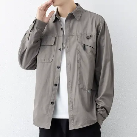 纯棉男士短袖衬衫秋季父亲装商务休闲长袖全棉衬衣男寸衫工装外套商品大图