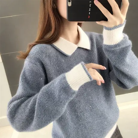毛衣2023年新款女宽松春装外穿套头慵懒风加厚洋气方领雪尼尔上衣图片