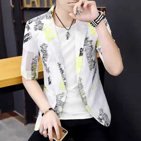 夏季薄款中袖小西服男士个性镂空五分袖潮单西韩版修身花西装外套图片