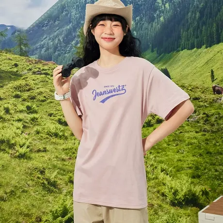 真维斯Z+夏季女款纯棉圆领短袖上衣街头潮流美式植绒字母印花T恤商品大图