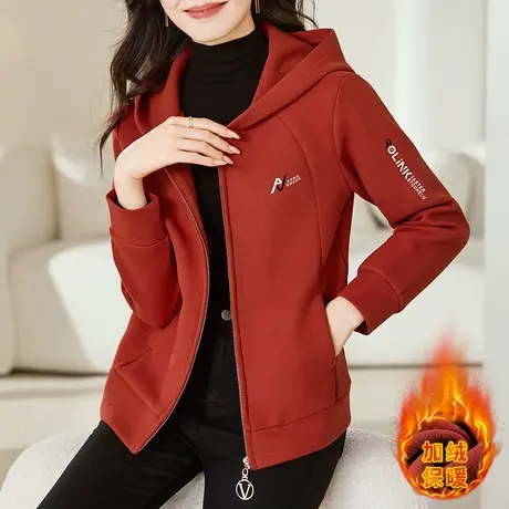 加绒加厚呢子卫衣外套女秋冬2023年新款时尚休闲拉链开衫连帽上衣商品大图