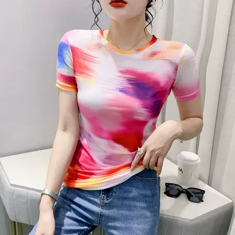 扎染印花T恤女短袖ins夏季2023新款时尚圆领网纱小衫洋气别致上衣商品大图