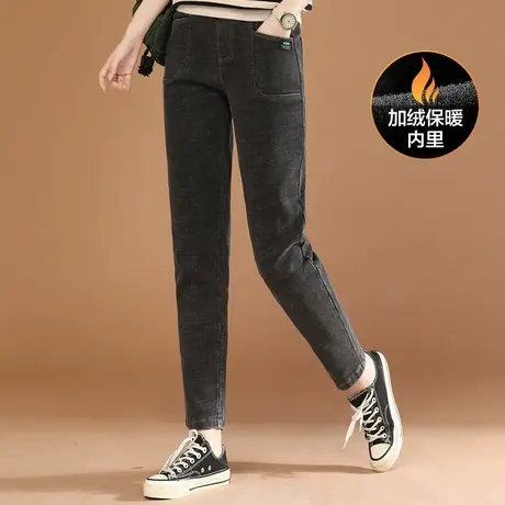 韩潮袭人松紧腰显瘦黑色加绒牛仔裤女冬季新款宽松哈伦长裤子商品大图