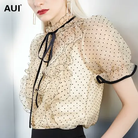 欧美风气质荷叶边纱料雪纺上衣女夏2020新款欧美风泡泡袖仙气小衫图片